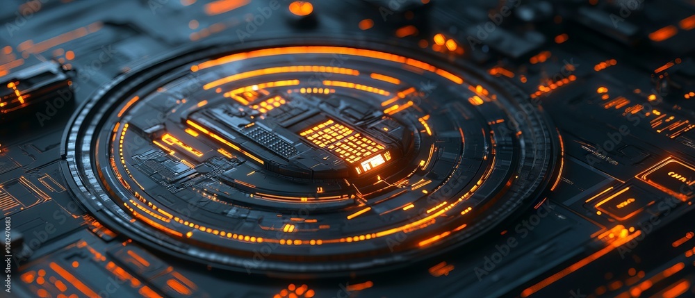 Poster futuristic technology abstract background with digital circuitry, neon lights, holographic displays,