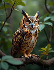Obraz premium leaves and a very neat looking owl, realistic, detailed