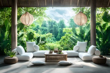 Fototapeta premium A Cozy Thai-Style Seating Arrangement Featuring Woven Elements and Surrounded by Lush Tropical Greenery for Relaxation and Comfort
