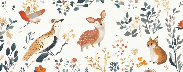Charming Animal Patterns on White Wallpaper
