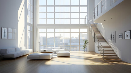 Fototapeta premium Modern Duplex Apartment with Spiral Staircase and City Views, Contemporary Copenhagen Split-Level Home