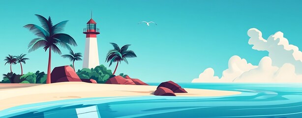 Obraz premium prototyping user friendly, Tropical Beach Scene with Lighthouse and Palm Trees