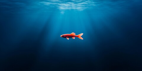 Fototapeta premium A serene underwater scene featuring a solitary koi fish swimming gracefully in a tranquil blue environment.