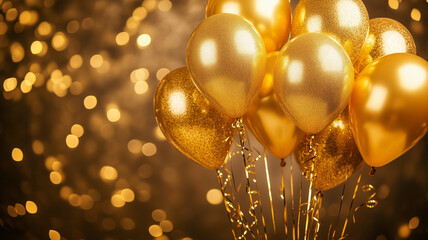 Luxurious Golden Balloons Party Decoration with Sparkling Confetti and Bokeh Lights 