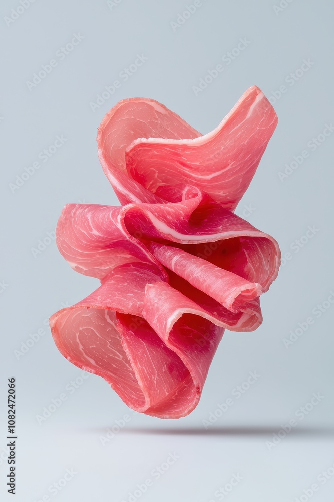 Poster artistic presentation of delicate thinly sliced pink meat against a soft gray background highlightin
