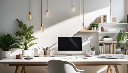 White home office room interior, bloggers workplace