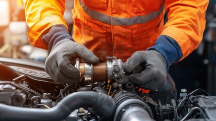 Close-up of a turbocharger system. Mechanic in Orange Work Jacket Repairing Engine Component in Automotive Workshop with Professional Tools and Equipment During Daylight