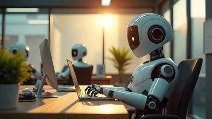 An advanced robot is sitting comfortably at a desk in front of a sleek laptop computer, engaged in various activities or tasks