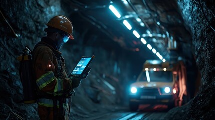 Obraz premium A miner in full gear stands at the entrance of a dark, narrow tunnel, illuminated by blue LED lights, symbolizing the challenging and dangerous nature of mining work.