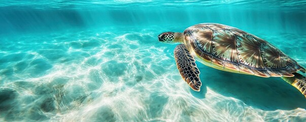 Obraz premium A serene underwater scene featuring a turtle swimming gracefully through clear blue water.
