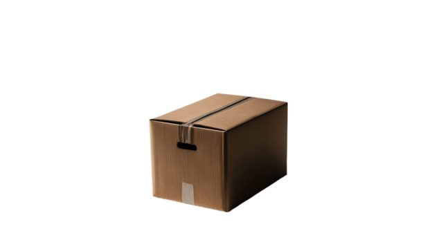 Empty closed cardboard box mockup, isolated with shadow on white background
