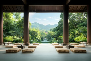 Fototapeta premium Traditional Thai Seating Area with Silk Cushions Overlooking a Lush Garden and Tranquil Water View in a Serene Natural Setting