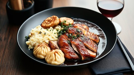 Gourmet dish with roasted meat slices, garnish of sauerkraut, dumplings, and grilled vegetables on a black plate paired with a glass of red wine.