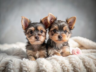 Adorable Yorkshire Terrier Puppies Snuggling on a Soft Blanket with Minimalist Background in Warm Tones, Perfect for Pet Lovers and Cute Animal Photography