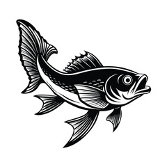 cod fish design, labeled linocut vector silhouette illustration.