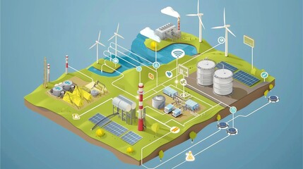Sustainable Energy Ecosystem: Isometric illustration depicting a harmonious blend of renewable and conventional energy sources, showcasing a sustainable energy future.  