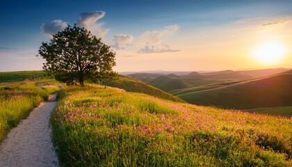 Obraz premium summer on the plains and hills vegetation flowers a tree a path and warm colors