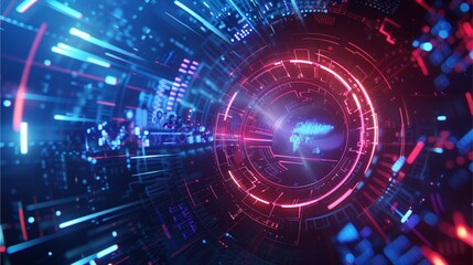 Obraz premium Digital Vortex: Abstract technological tunnel with vibrant neon lights and data streams. Futuristic, high-tech concept. 