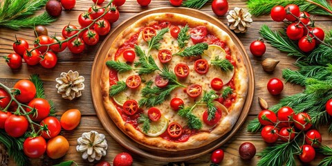 Fototapeta premium Freshly Baked Delicious Pizza with Tomatoes, Herbs, and Seasonal Garnishes on a Wooden Table Surrounded by Fresh Ingredients and Natural Decorations