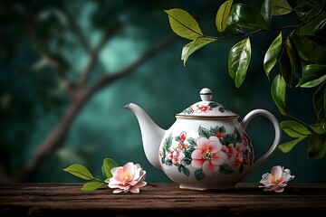 Vintage Thai Teapot with Floral Designs on a Wooden Surface Surrounded by Leaves and Blossom Flowers in a Soft Focus Background