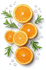 Freshly Cut Orange Slices Surrounded by Green Rosemary Sprigs with Water Drops on a White Background for Culinary and Healthy Lifestyle Concepts