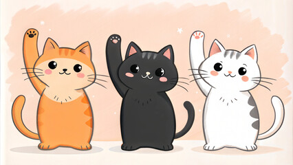 Obraz premium Minimal illustration depicting three adorable cats with their paws up in the air