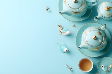 Obraz premium Elegant Thai Ceramic Tea Set with Intricate Gold Designs on Soft Blue Background, Featuring Charming Bird Figurines and Delicate Tea Accessories