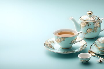 Fototapeta premium Elegant Thai Ceramic Tea Set with Intricate Gold Detailing Perfect for Tea Lovers and Collectors, Showcasing a Beautifully Designed Teapot and Cup