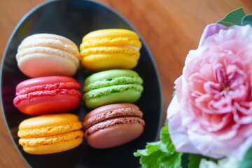 六つのカラフルなマカロンとお花