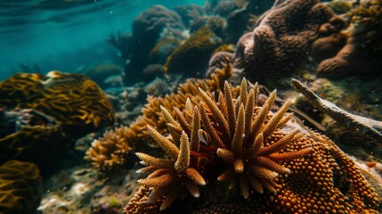 A vibrant diving spot in crystal-clear ocean waters, highlighting a diverse coral reef with intricate underwater landscapes, Underwater tranquility and exploration