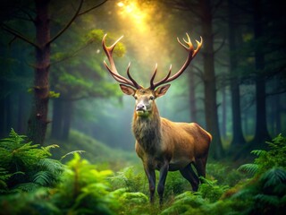 Majestic Elk Standing Amidst Lush Greenery in a Mystical Forest with Gentle Light Streaming Through Trees Capturing Nature's Timeless Beauty