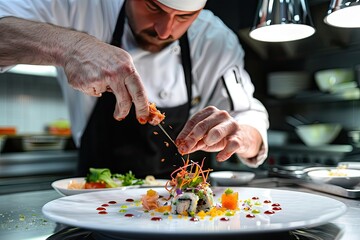 Sushi chef masterfully crafting rolls with fresh ingredients in a modern restaurant.