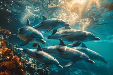 Fototapeta premium Sunlit ocean scene with playful dolphins swimming