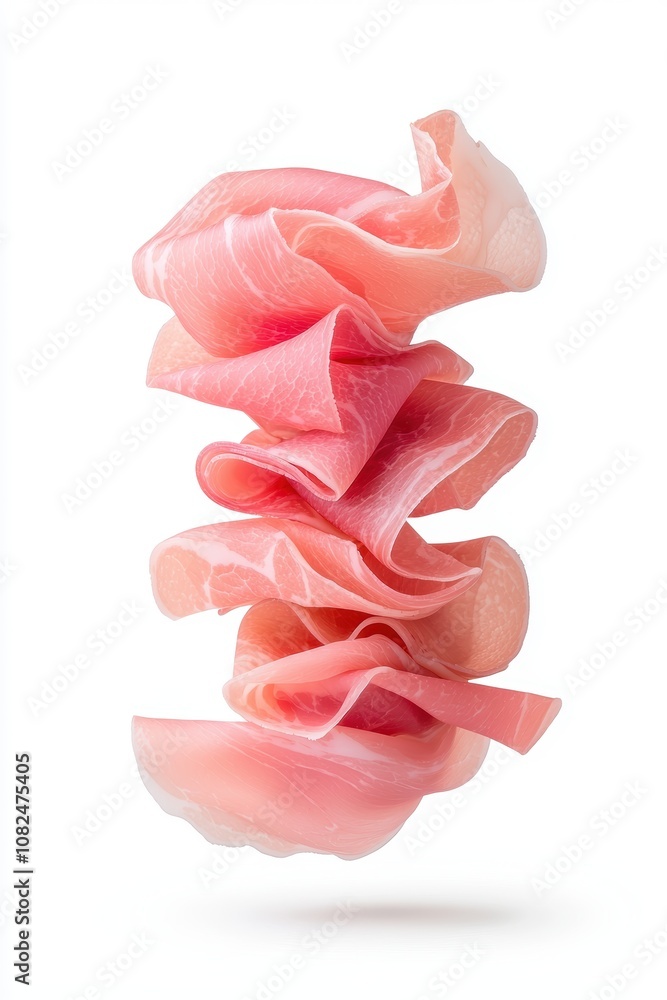 Poster elegant and colorful display of delicate, twisted ham slices isolated on a white background for culi