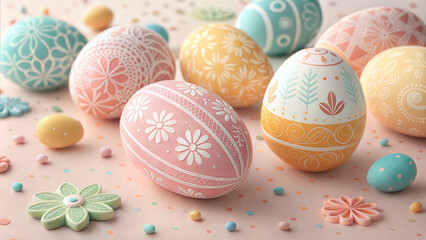 Vintage-style Easter eggs with intricate floral patterns, displayed on a light pastel background with flower petals