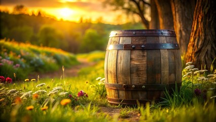 Obraz premium Old Wooden Barrel Surrounded by Colorful Flowers in a Rustic Landscape at Golden Hour, Capturing Nature's Serenity and Beauty