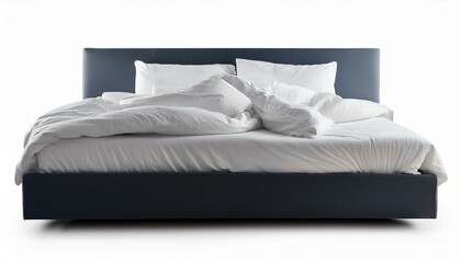 White bed isolated, four white pillows and duvet on a bed