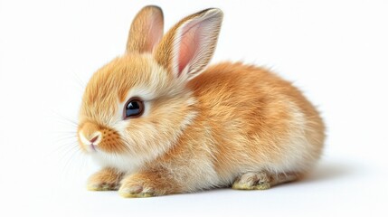 Obraz premium Adorable fluffy bunny with big brown eyes, sitting on a white background.