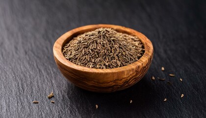 closeup of ajwain seeds in a wooden bowl over darl slate background