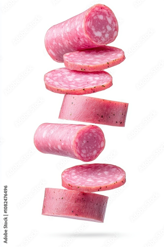 Poster Floating slices of sausage display against a clean backdrop, showcasing textures and colors of processed meat ideal for culinary visual projects and food-related content.