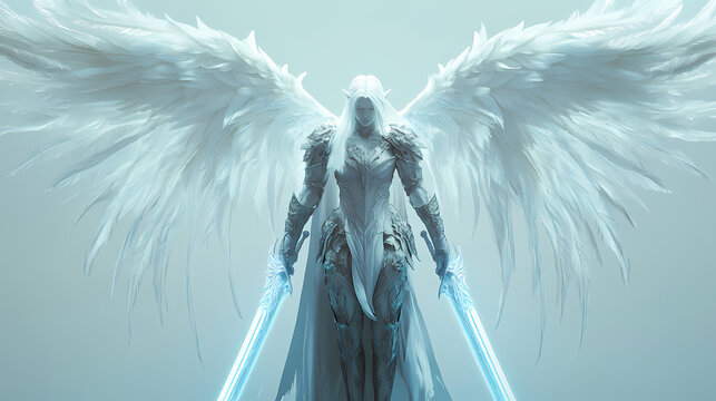 render of a celestial warrior with angelic wings and a radiant sword. Radiant. Illustration