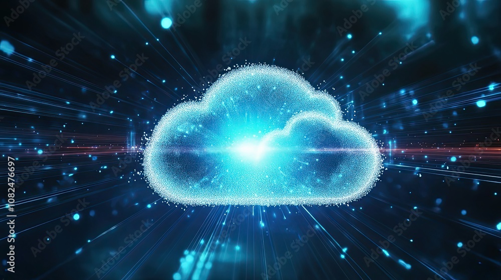 Poster abstract cloud computing illustration with glowing lines and particles