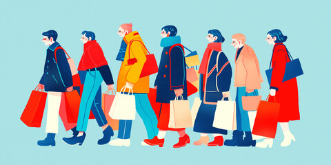 Shopping Bags Galore on Boxing Day: Festive crowds in modern, vibrant art