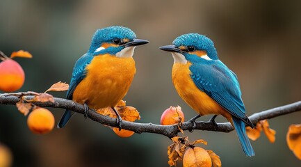 Fototapeta premium Two blue and orange kingfishers perched on a branch with autumn leaves.