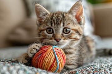 Kitten enjoying playtime with yarn