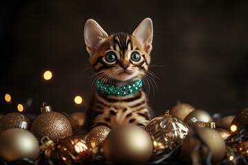 A Bengal kitten wearing teal collars, Generative AI