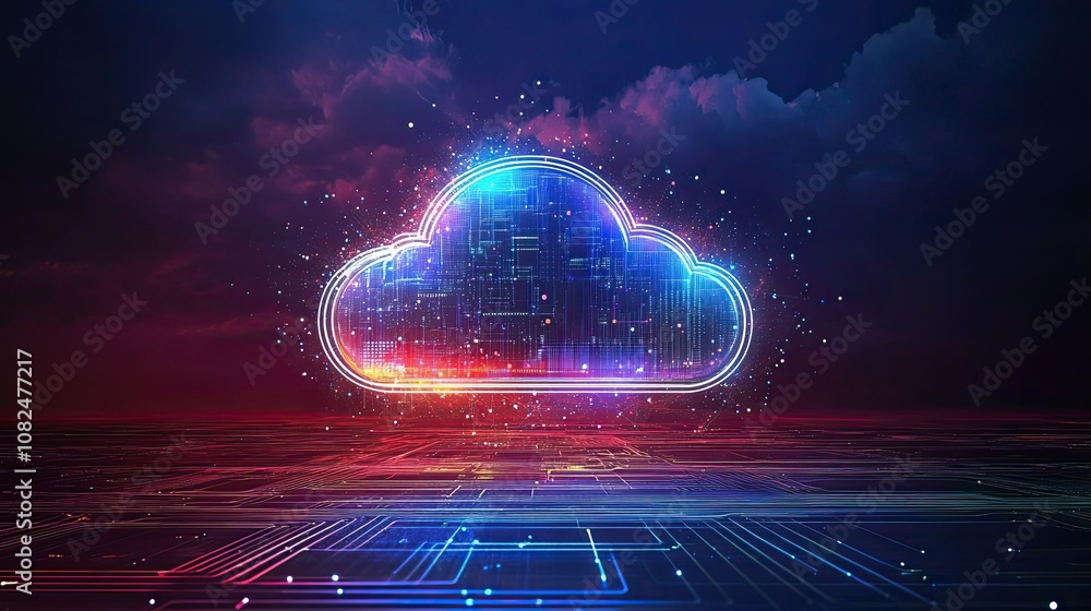 Poster a glowing cloud icon against a backdrop of a digital circuit board, representing digital connectivit