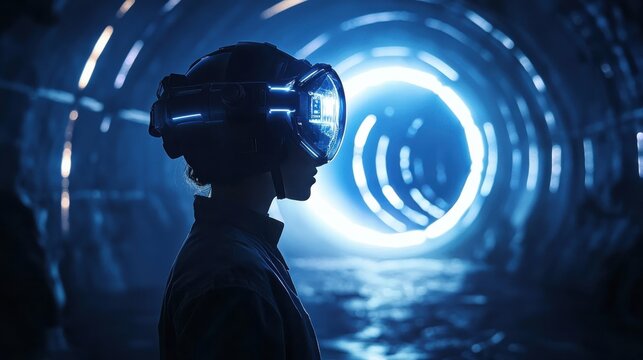 A silhouette of a miner wearing a helmet stands in front of a dark tunnel entrance, the blue light reflecting off the walls, adding a futuristic touch
