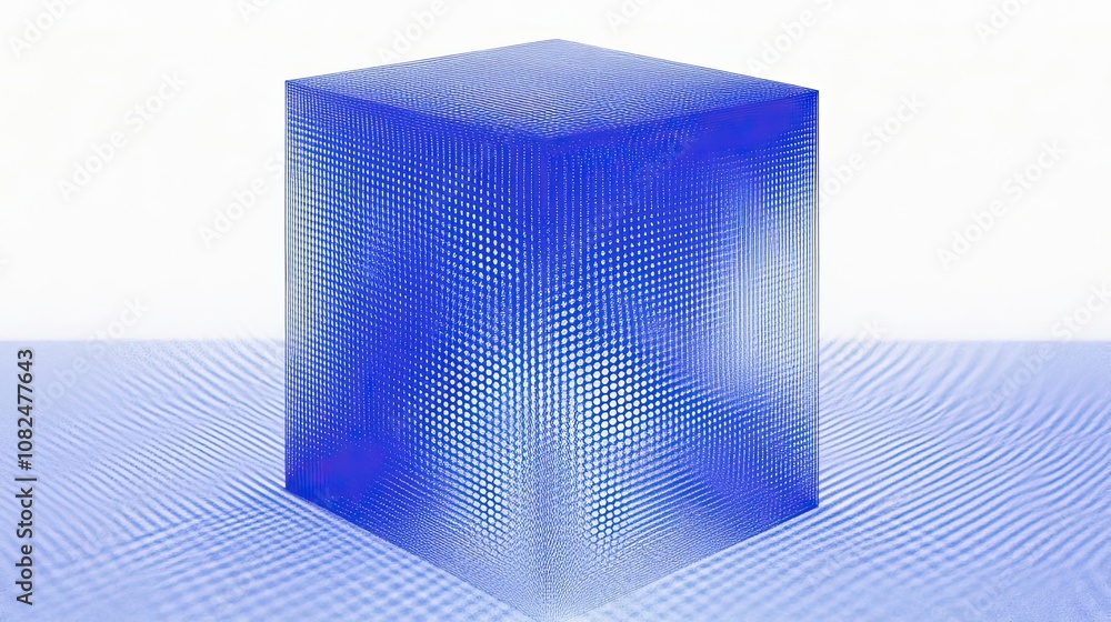 Poster blue cube with dotted pattern casting a shadow on a white background