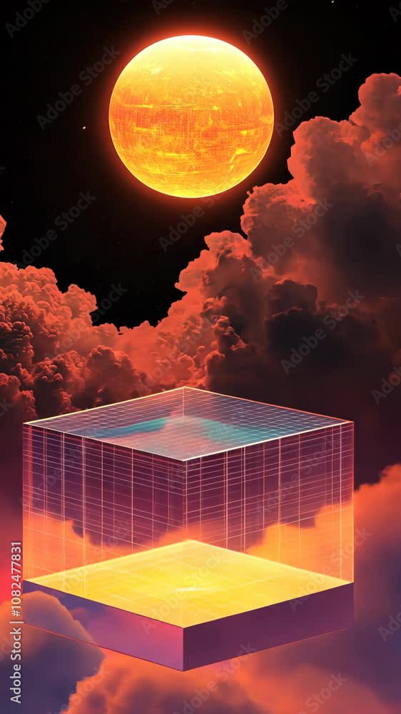 Poster a large, glowing orb hangs in the sky above clouds, illuminating a transparent cube floating in the 